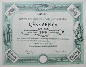 Tarnóczy Tűzoltószer- és Gépgyár Réyzvénytársaság részvény 100 forint 1894