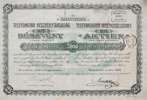 Telefongyár Részvénytársaság részvény 5000 korona 1920