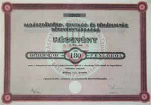 Vadásztöltény-, Gyutacs- és Fémárugyár Részvénytársaság részvény 180 pengő 1943