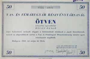 Vas- és Fémárugyár Részvénytársaság részvény 2500 pengő 1944