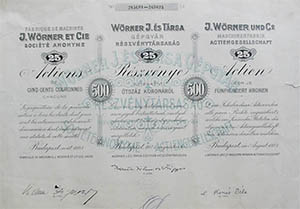 Wörner J. és Társa Gépgyár Részvénytársaság részvény 25x200 korona 1923