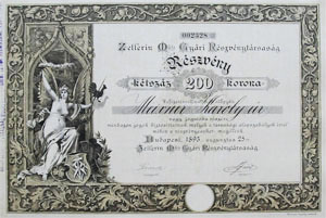 Zellerin M-féle Gyári Részvénytársaság részvény 200 korona 1893