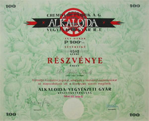 Alkaloida Vegyészeti Gyár Részvénytársaság részvény 100 pengő 1941