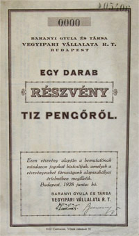 Baranyai Gyula és Társa Vegyipari Vállalat Részvénytársaság részvény 10 pengo 1928