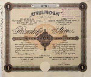 Chinoin Gyógyszer és Vegyészeti Termékek Gyára Részvénytársaság részvény 10 pengő 1926