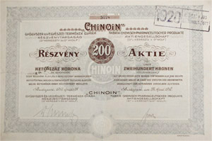 Chinoin Gyógyszer és Vegyészeti Termékek Gyára Részvénytársaság részvény 200 korona 1917