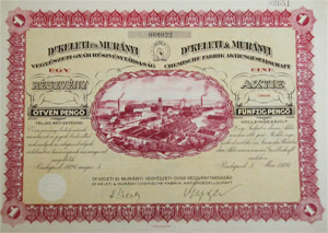 Dr. Keleti és Murányi Vegyészeti Gyár Részvénytársaság részvény 50 pengő 1926