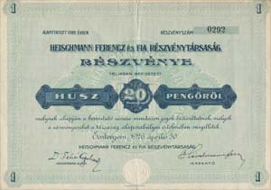 Heischmann Ferenc és Fia Részvénytársaság részvény 20 pengő 1926 Esztergom