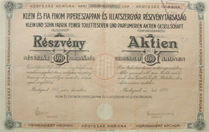 Klein és Fia Finom Pipereszappan- és Illatszergyár Részvénytársaság részvény 25x400 korona 1923