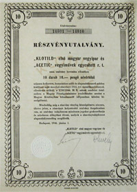 Klotild Első Magyar Vegyipar és Acetic Vegyiművel Egyesített Részvénytársaság részvényutalvány 10x10 100 pengő 1946