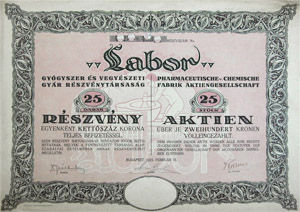 Labor Gyógyszer és Vegyészeti Gyár Részvénytársaság részvény 25x200 5000 korona 1923