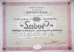 Labor Gyógyszer és Vegyészeti Gyár Részvénytársaság részvény 5x10 50 pengő 1926