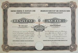 Magyar Műanyag és Vegyészeti Gyár Részvénytársaság részvény 500 aranypengő 1941