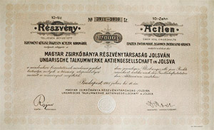 Magyar Zsírkőbánya Részvénytársaság Jólsván részvény 10x200 2000 korona 1915