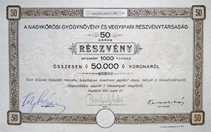 Nagykőrösi Gyógynövény és Vegyipari Részvénytársaság részvény 50x1000 50000 korona 1924