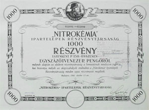 Nitrokémia Ipartelepek Részvénytársaság részvény 1000x150 pengő 1941