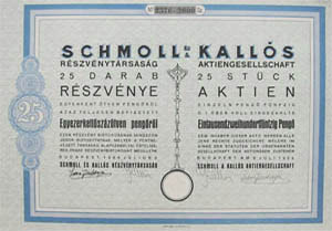Schmoll és Kallós Részvénytársaság részvény 25 x 50 pengő 1926