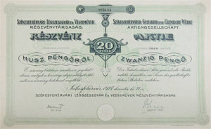 Székesfehérvári Légszeszgyár és Vegyiművek Részvénytársaság részvény 20 pengő 1927