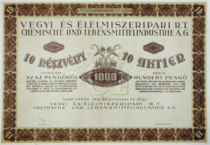 Vegyi és Élelmiszeripari Részvénytársaság részvény 10x10 100 pengő 1942 Nagyvárad