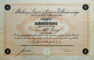 Általános Gázizzófény és Villamossági Részvénytársaság részvény 10 pengő 1926