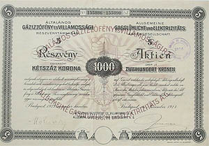 Általános Gázizzófény és Villamossági Részvénytársaság részvény 5x200 korona 1923
