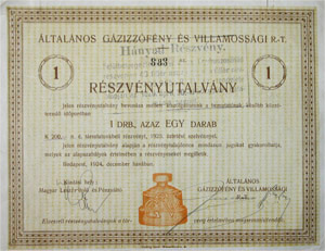 Általános Gázizzófény és Villamossági Részvénytársaság részvényutalvány 200 korona 1924