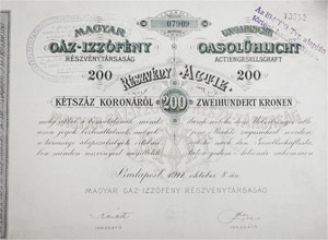 Magyar Gázizzófény Részvénytársaság részvény 200 korona 1917