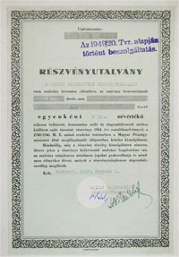 Magyar Gázizzófény Részvénytársaság részvényutalvány 50 pengő 1947