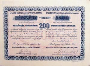 Resiczai Világítási Részvénytársaság részvény 200 korona 1911