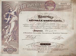 Budapesti Általános Villamossági Részvénytársaság részvény 200 korona 1894