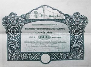 Budavidéki Villamossági Részvénytársaság Szentendre részvény 500 korona 1921