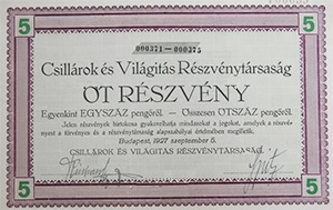 Csillárok és Világítási Részvénytársaság részvény 5x100 500 pengő 1927