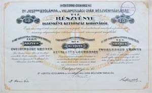Dr. Just-féle Izzólámpa és Villamossági Gyár Részvénytársaság 10 x 200 korona 1923