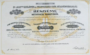 Dr. Just-féle Izzólámpa és Villamossági Gyár Részvénytársaság 200 korona 1923