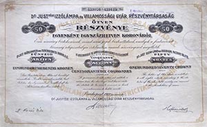 Dr. Just-féle Izzólámpa és Villamossági Gyár Részvénytársaság 50x170 korona 1922