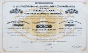 Dr. Just-féle Izzólámpa és Villamossági Gyár Részvénytársaság 50 x 200 korona 1923