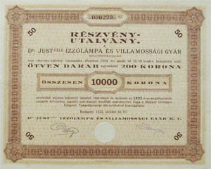 Dr. Just-féle Izzólámpa és Villamossági Gyár Részvénytársaság 10000 korona 1923