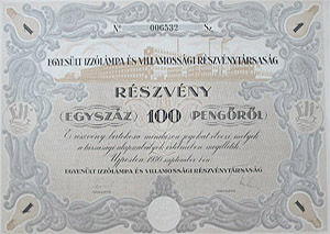 Egyesült Izzólámpa és Villamossági Részvénytársaság 100 pengő 1930