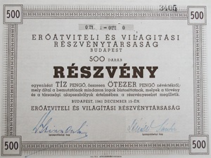 Erőátviteli és Világítási Részvénytársaság részvény 500x10 5000 pengő 1941