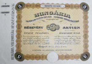 Hungária Villamossági Részvénytársaság részvény 5x500 2500 pengő 1943