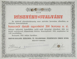 Magyar-Holland Izzólámpa és Villamossági Felszerelési Cikkek Gyára Részvénytársaság részvényutalvány 25x200 5000 korona 1923