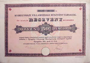 Nyíregyházi Villamossági Részvénytársaság részvény 5x50 pengő 1926