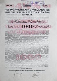 Részvénytársaság Villamos- és Közlekedési Vállalatok számára kötvény 1000 korona 1909