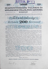 Részvénytársaság Villamos- és Közlekedési Vállalatok számára kötvény 200 korona 1909