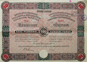 Részvénytársaság Villamos- és Közlekedési Vállalatok részvény 10x100 pengő 1929