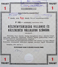 Részvénytársaság Villamos- és Közlekedési Vállalatok számára részvényelismervény 100 pengő 1946