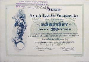 Salgótarjáni Villamossági Részvénytársaság részvény 100 korona 1896